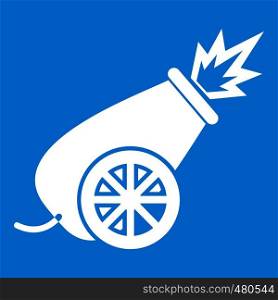 Circus cannon icon white isolated on blue background vector illustration. Circus cannon icon white