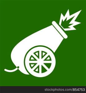 Circus cannon icon white isolated on green background. Vector illustration. Circus cannon icon green