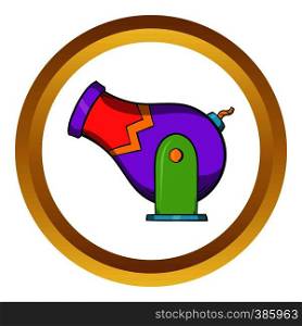 Circus cannon vector icon in golden circle, cartoon style isolated on white background. Circus cannon vector icon, cartoon style
