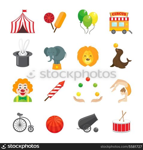 Circus caravan rabbit elephant tricks and magical hat hocus pocus performance funny color icons set isolated vector illustration