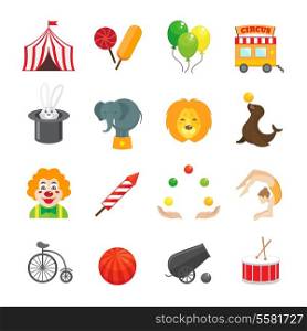 Circus caravan rabbit elephant tricks and magical hat hocus pocus performance funny color icons set isolated vector illustration