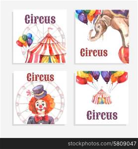 Circus card set with watercolor animals balloons and clown isolated vector illustration. Circus Card Set