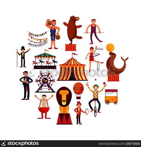 Circus carnival flat vector icons in circle design. Cartoon clown and acrobat performance in circus illustration. Circus carnival flat vector icons in circle design