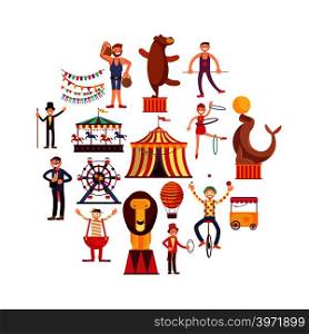 Circus carnival flat vector icons in circle design. Cartoon clown and acrobat performance in circus illustration. Circus carnival flat vector icons in circle design