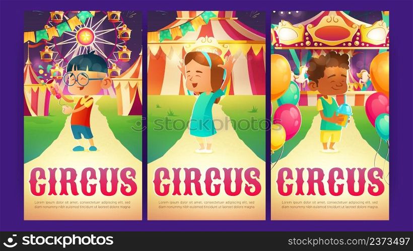 Circus cartoon ads posters, invitation to amusement park. Happy kids holding cocktail and flapper at night funfair with merry-go-round carousel, big top tent and ferris wheel Vector illustration. Circus cartoon posters, amusement park invitations