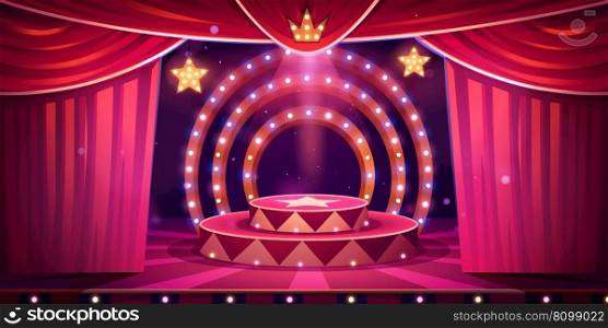 Circus cartoon stage with ring vector background. Carnival tent with round arena scene, amusement show. Red theater curtain with podium and spotlight illustration. Vintage marquee perform platform. Circus cartoon stage with ring vector background