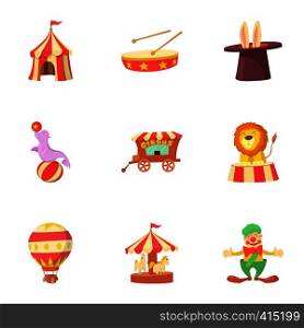 Circus chapiteau icons set. Cartoon illustration of 9 circus chapiteau vector icons for web. Circus chapiteau icons set, cartoon style