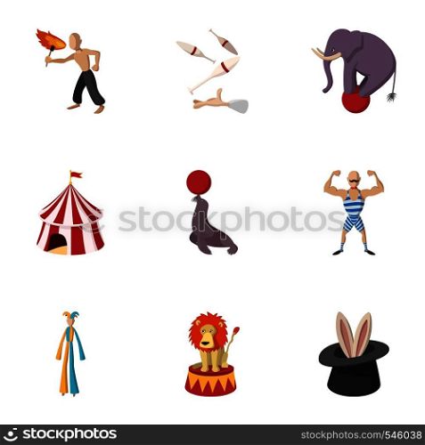 Circus chapiteau icons set. Cartoon illustration of 9 circus chapiteau vector icons for web. Circus chapiteau icons set, cartoon style