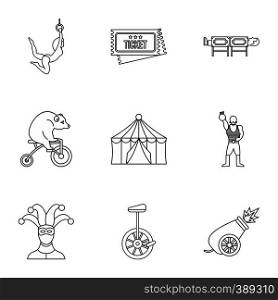Circus chapiteau icons set. Outline illustration of 9 circus chapiteau vector icons for web. Circus chapiteau icons set, outline style