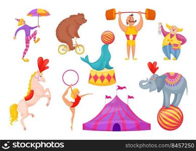 Circus characters and animals vector illustration. Clown, acrobat, gymnast with hoop, strongman, tamer, riding on bike bear cartoon pictures isolated on white background. Circus artists concept.