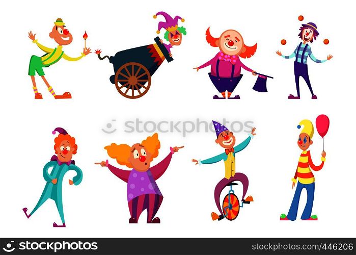 Circus characters. Funny clowns in action poses. Circus clown in costume, vector character comedian illustration. Circus characters. Funny clowns in action poses