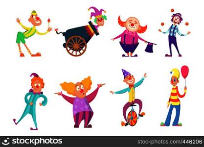 Circus characters. Funny clowns in action poses. Circus clown in costume, vector character comedian illustration. Circus characters. Funny clowns in action poses