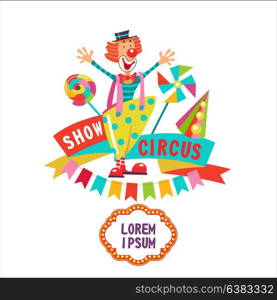 Circus. Circus clown invites you to the circus. Vector illustration. The poster of the circus. Composition of cliparts. With place for text. Isolated on a white background.