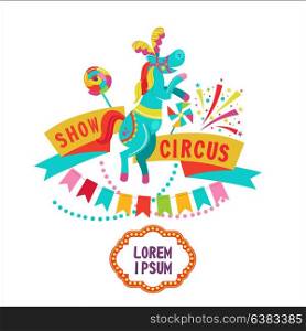 Circus. Circus horse decorated with feathers. Vector illustration. The poster of the circus. Composition of cliparts. With place for text. Isolated on a white background.