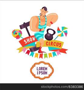 Circus. Circus strongman demonstrates strong muscles. Vector illustration. The poster of the circus. Composition of cliparts. With place for text. Isolated on a white background.