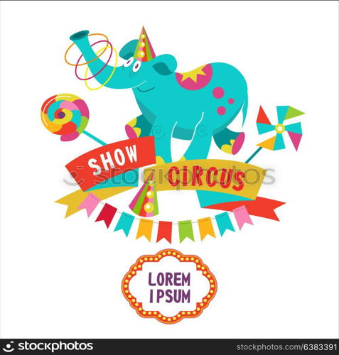 Circus. Circus trained elephant on a pedestal juggling hoops. Vector illustration. The poster of the circus. Composition of cliparts. With place for text. Isolated on a white background.