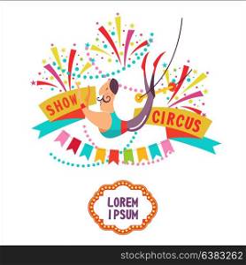 Circus. Circus trapeze acrobat under the big top. Vector illustration. The poster of the circus. Composition of cliparts. With place for text. Isolated on a white background.