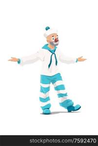 Circus clown cartoon character with sailor costume. Vector design of entertainment performance joker, comedian actor or carnival jester artist with funny face, makeup, sailorman hat and collar. Sailor clown of circus entertainment performance