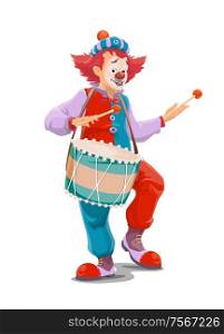 Circus clown playing drum, vector character of carnival comedy show. Joker or comic man cartoon character with funny hat, red wig and fake nose, makeup, giant clown shoes and drum sticks. Circus clown with drum, carnival show