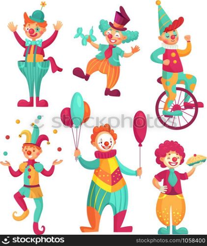 Circus clowns. Cartoon clown comedian juggling, funny clowns nose or jester party circus costume. Vector illustration set