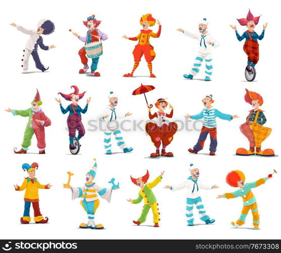 Circus clowns, cartoon vector big top characters. Jester performers, shapito circus show entertainers in funny costume, wig, makeup and red nose. Stage comedians, smiling jokers isolated icons set. Circus clowns, cartoon vector big top characters