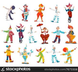 Circus clowns, cartoon vector big top characters. Jester performers, shapito circus show entertainers in funny costume, wig, makeup and red nose. Stage comedians, smiling jokers isolated icons set. Circus clowns, cartoon vector big top characters