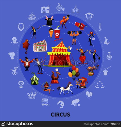 Circus colored cartoon round composition with icon set combined in big circle vector illustration. Circus Cartoon Round Composition