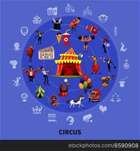 Circus colored cartoon round composition with icon set combined in big circle vector illustration. Circus Cartoon Round Composition