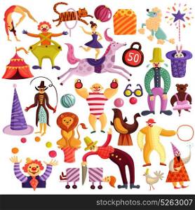 Circus Decorative Icons Set. Circus decorative colorful icons set with red tent, clowns, acrobats, juggler, magicians, trained animals isolated vector illustration