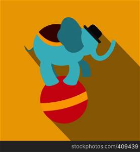 Circus elephant on a red ball. Flat modern icon on a yellow background. Circus elephant on ball icon