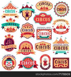 Circus emblems. Carnival festival, fun circus show retro paper signboard invitational banners event frames arrow stickers. Vector set