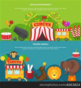 Circus entertainment and trained animals horizontal banner set flat isolated vector illustration. Circus entertainment horizontal banner