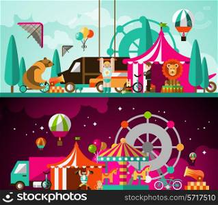 Circus entertainment attractions day and night performances background vector illustration
