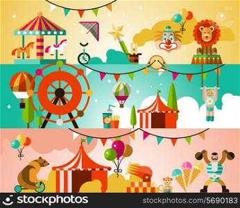 Circus entertainment attractions performances background with jugglers athletes animals vector illustration