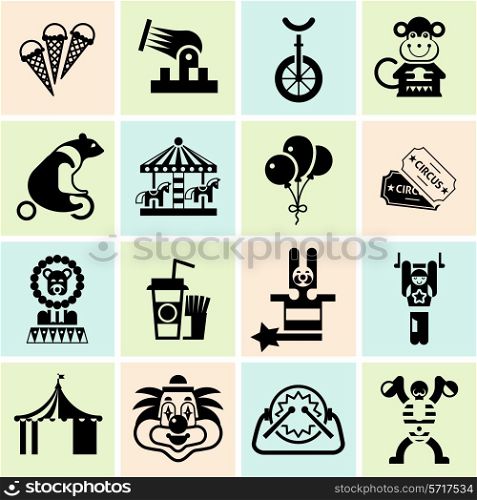 Circus entertainment black icons set with juggler lion icecream isolated vector illustration