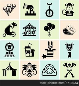 Circus entertainment black icons set with juggler lion icecream isolated vector illustration