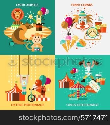 Circus entertainment flat icons set with exotic animals funny clowns exciting performance isolated vector illustration