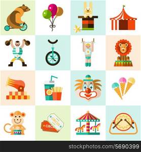 Circus entertainment flat icons set with tent clown balloons isolated vector illustration