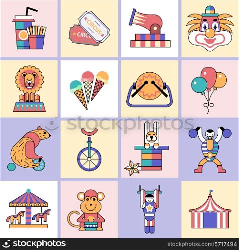 Circus entertainment flat line icons set with food clown trick hat isolated vector illustration