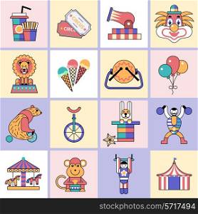 Circus entertainment flat line icons set with food clown trick hat isolated vector illustration