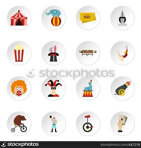 Circus entertainment icons set in flat style. Circus animals and characters set collection vector icons set illustration. Circus entertainment icons set, flat style
