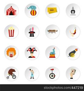 Circus entertainment icons set in flat style. Circus animals and characters set collection vector icons set illustration. Circus entertainment icons set, flat style