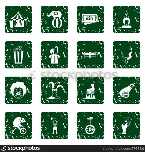 Circus entertainment icons set in grunge style green isolated vector illustration. Circus entertainment icons set grunge