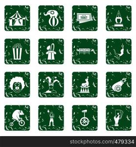 Circus entertainment icons set in grunge style green isolated vector illustration. Circus entertainment icons set grunge