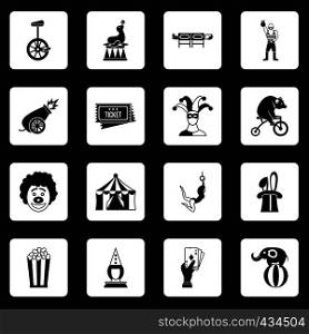 Circus entertainment icons set in white squares on black background simple style vector illustration. Circus entertainment icons set squares vector