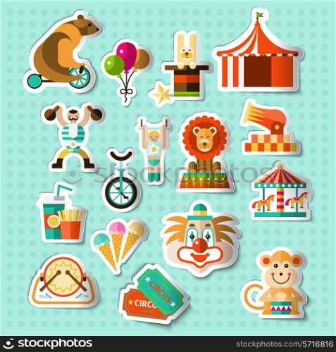 Circus entertainment paper stickers set with tickets lion icecream isolated vector illustration