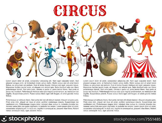 Circus entertainment show animal tamers, clowns and equilibrists, magician illusionist and muscleman. Vector big top circus lion in fire ring, elephant balancing on ball and monkey juggling pins. Big top circus animals tamers and equilibrists