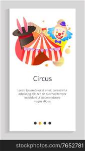 Circus entertainment vector, tent with entrance and clown with make up, top hat with bunny ears and tricks of magicians, recreation for kids. Website or app slider template, landing page flat style. Circus Amusement Park Entertaining Klowns Web