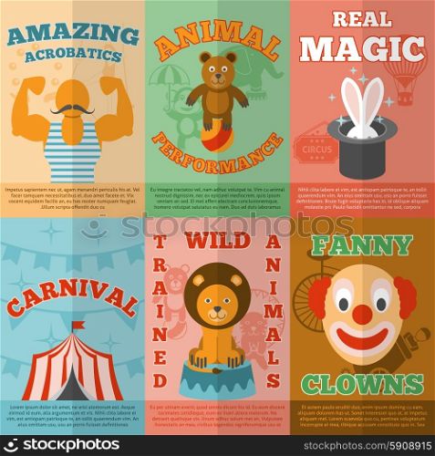 Circus flat icons composition poster. Amazing travelling circus magic performance announcement flat icons composition banner with funny clown abstract vector isolated illustration