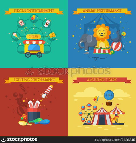 Circus flat set. Circus design concept set with animal performance flat icons isolated vector illustration